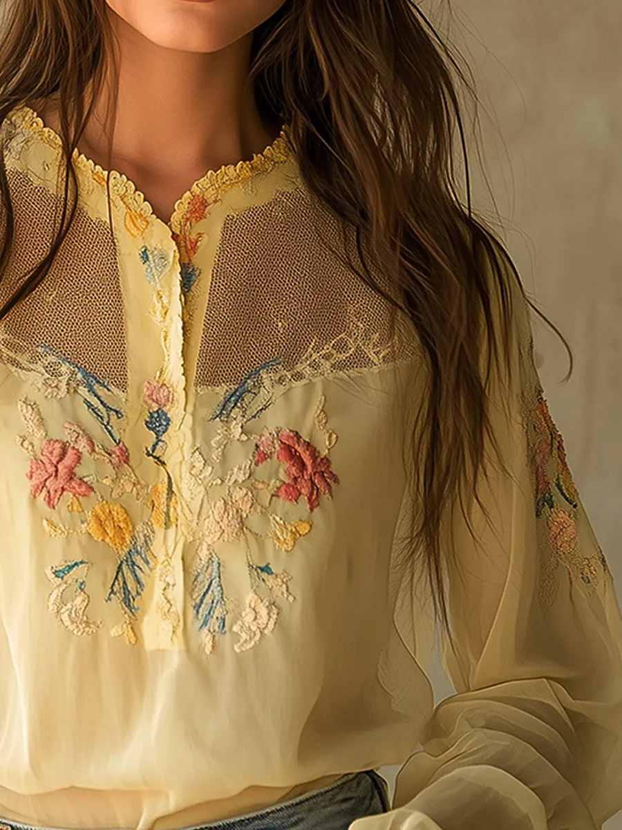 Vintage Yellow Embroidered Lace Panels Blouse