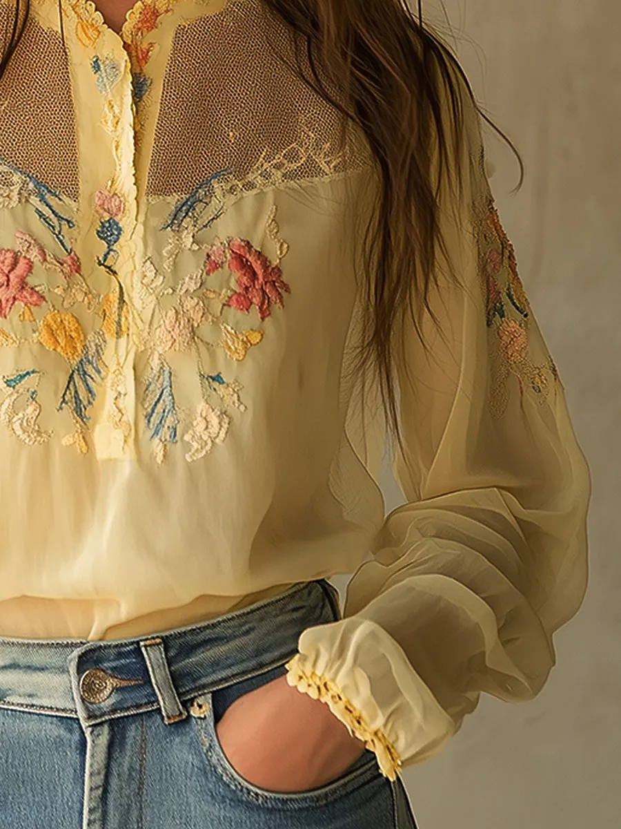 Vintage Yellow Embroidered Lace Panels Blouse