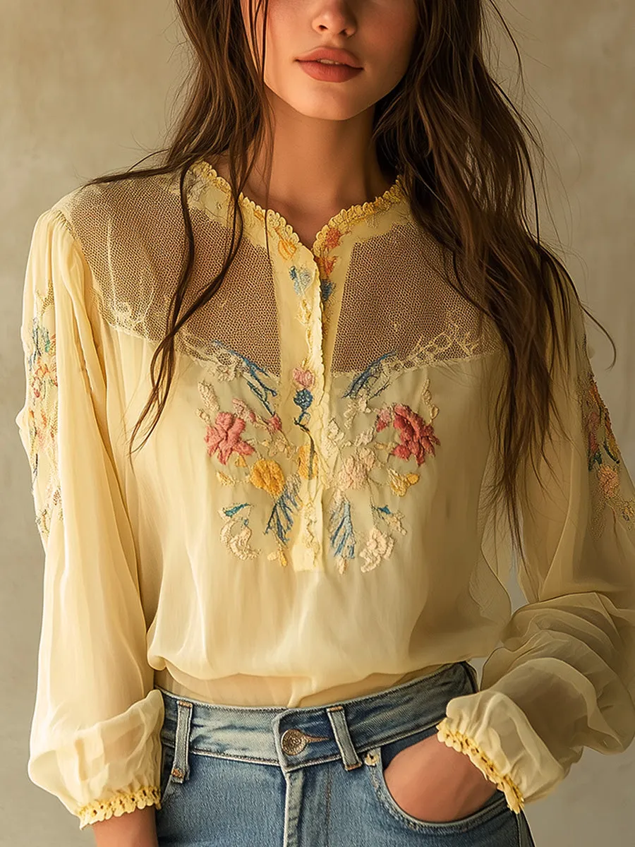 Vintage Yellow Embroidered Lace Panels Blouse