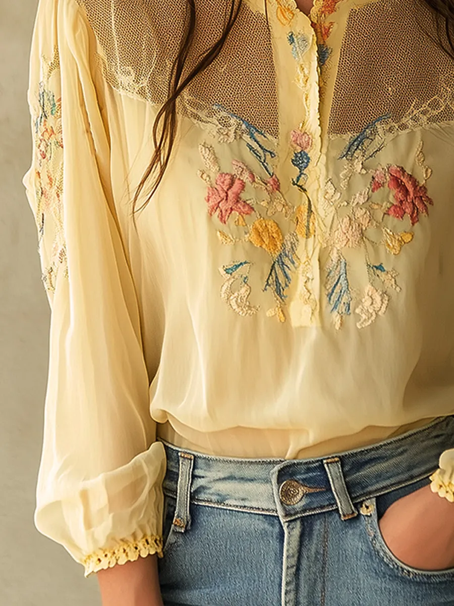 Vintage Yellow Embroidered Lace Panels Blouse