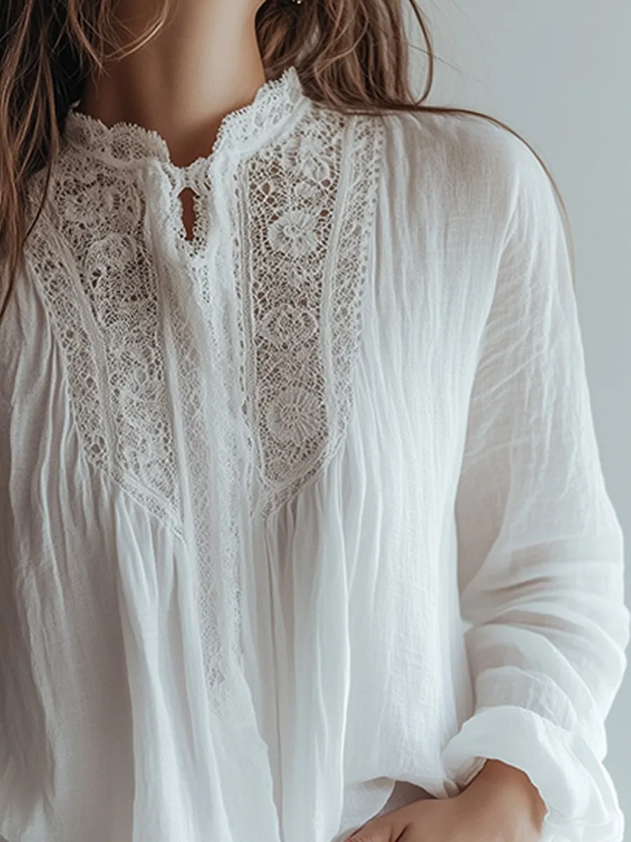 White Lace Stand Collar Linen Long Sleeve Shirt
