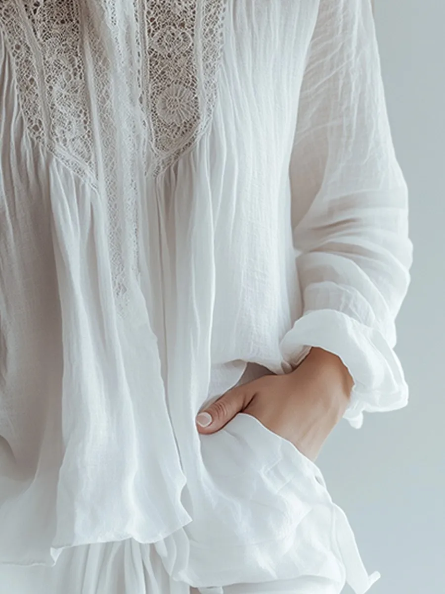White Lace Stand Collar Linen Long Sleeve Shirt