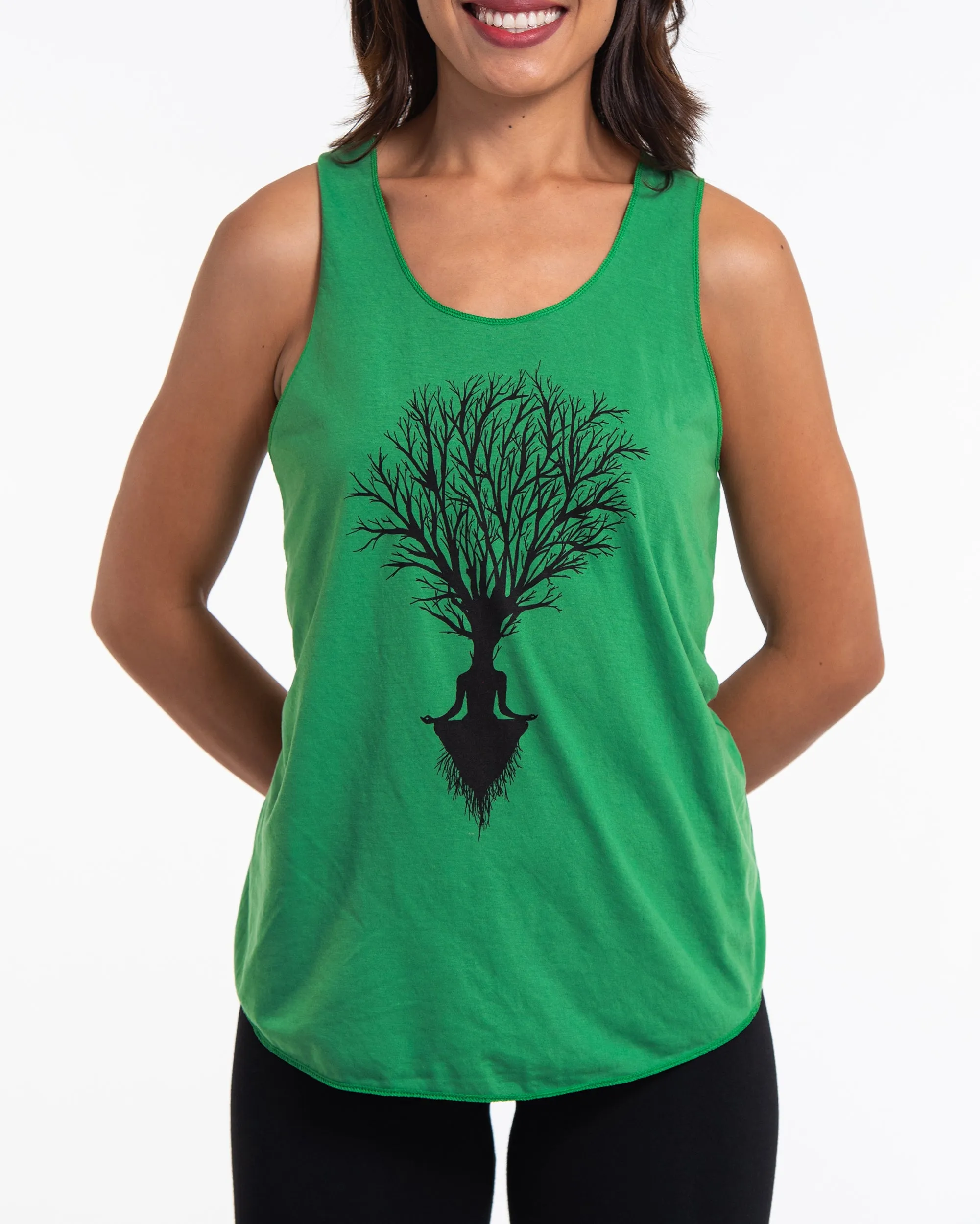Womens Meditation Tree Tank Top in Green