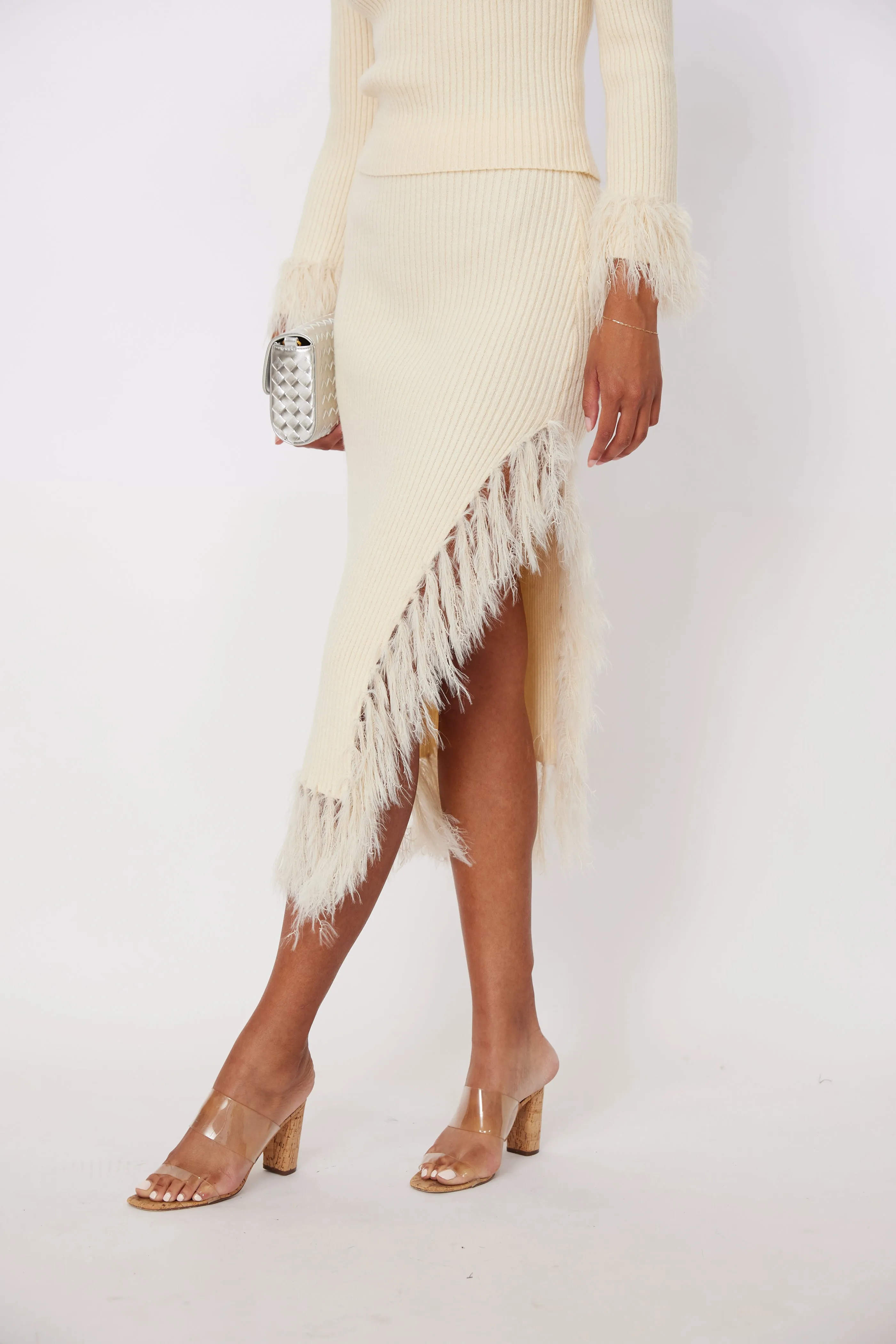Zach Feathered Fringe Asymmetrical Slit Skirt